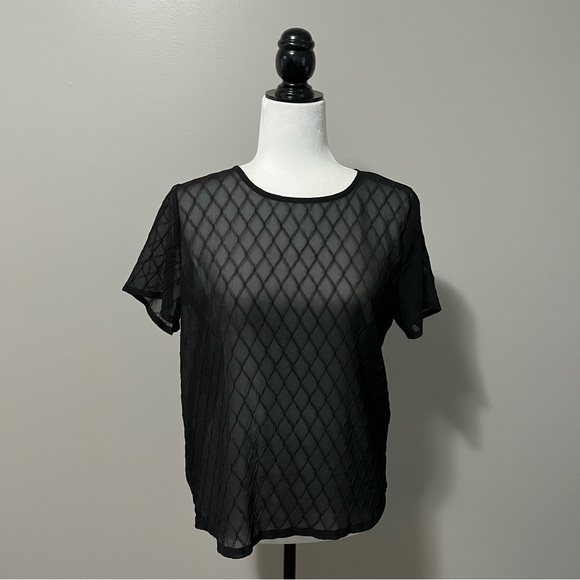 Soaked in Luxury Black Sheer Diamond Pattern Short Sleeve Rounded Collar Top - Picture 1 of 10